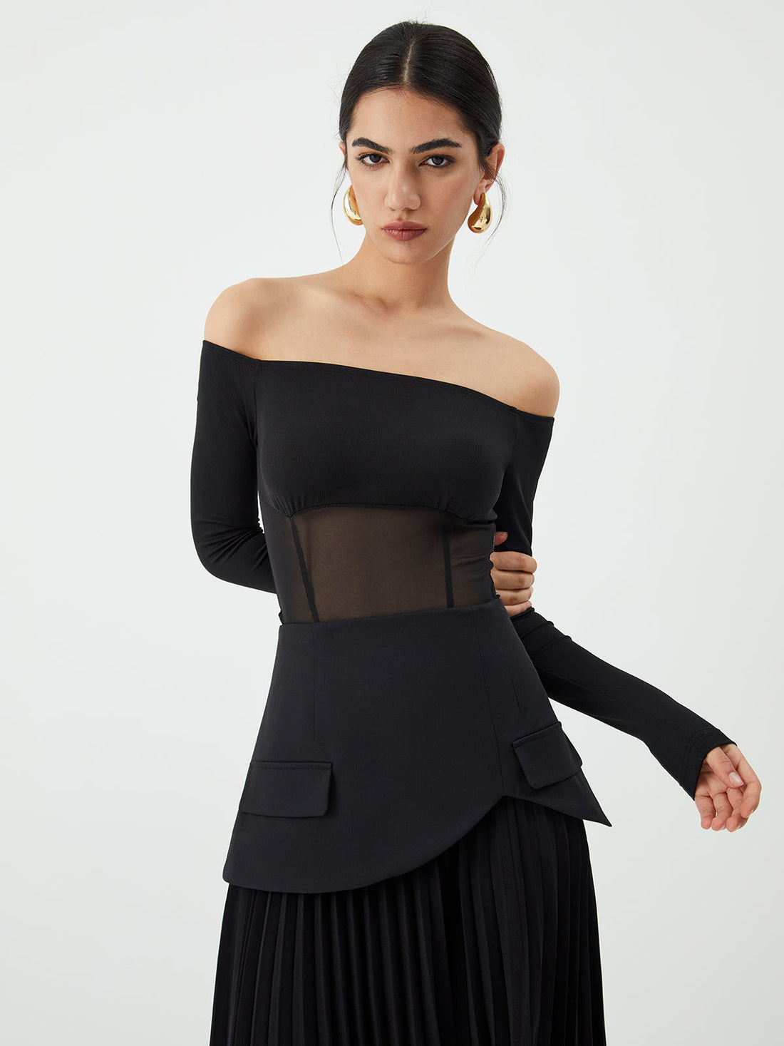 Casuals - Mesh Off Shoulder Patchwork Bodysuit