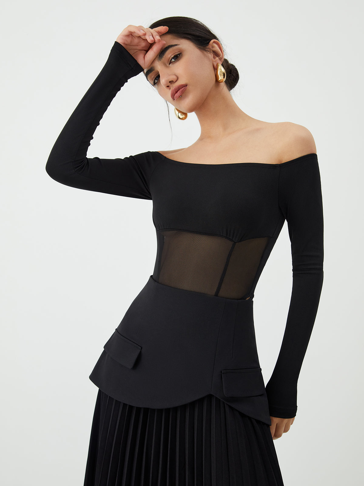 Casuals - Mesh Off Shoulder Patchwork Bodysuit