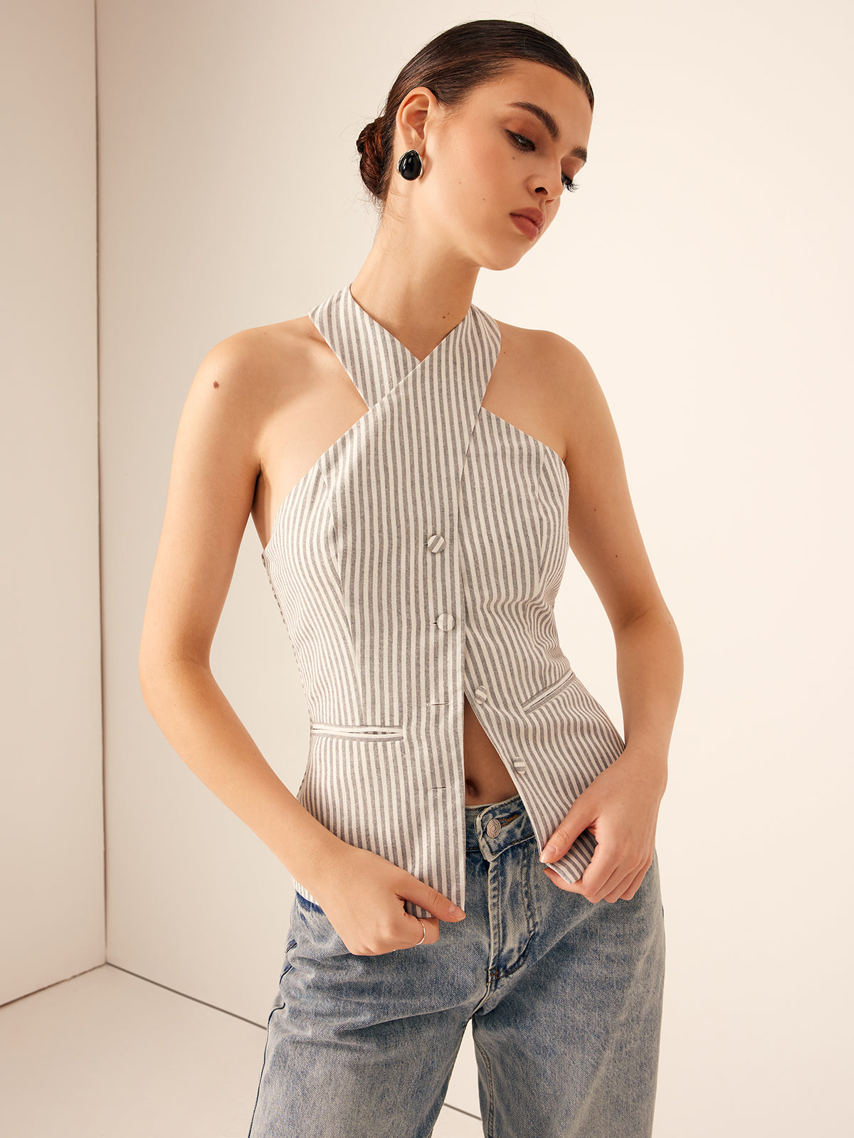 Casual - Top slim gessato in cotone e lino