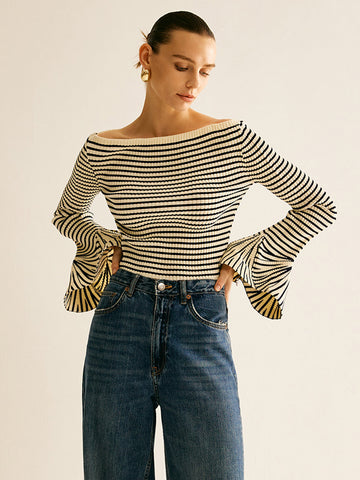 Casuals - Cold-Shoulder Striped Cardigan With Ruffle Sleeves 