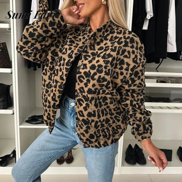 "Women's Leopard Print Casual Blazer – Stand Collar, Single-Breasted"